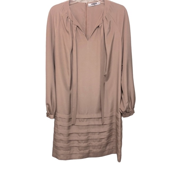 Vintage I Magnin Straight Loose Fit Bow V Neck Pleated Zip Back Blush Pink Dress - Picture 2 of 14